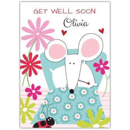 Get Well Soon Personalised Card with Cute Mouse and Flowers Design