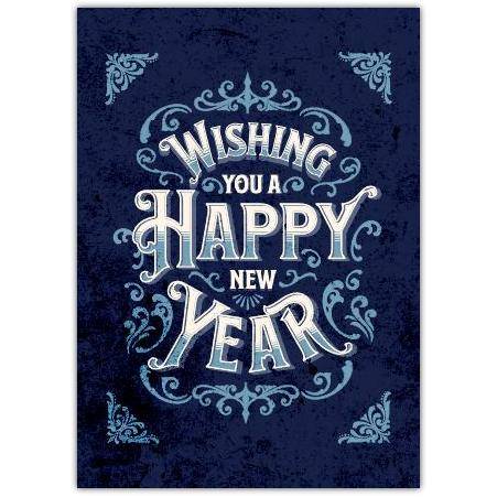 Happy New Year Greeting Card Vintage Style with Blue Ornate Design and Personalisation Option
