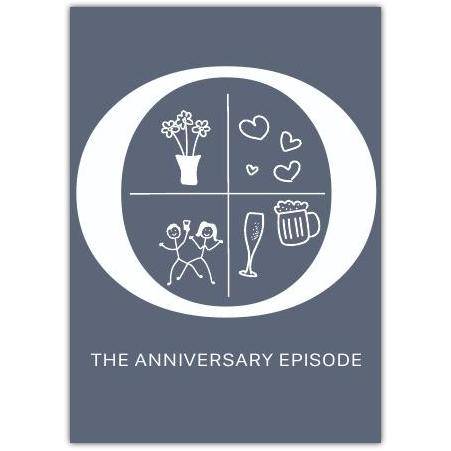 The Anniversary Episode Illustrated Anniversary Card with Hearts Flowers and Drinks