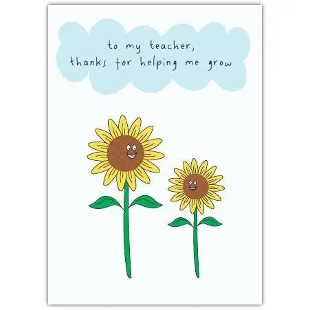Thank You Teacher Card with Smiling Sunflowers and Handwritten Message on Cloud