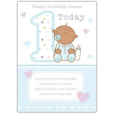Personalised Baby Boy First Birthday Card with Teddy Bear and Bottle Design