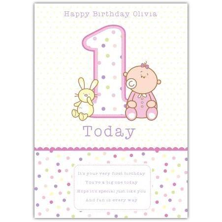 Personalised Baby Girl First Birthday Card with Teddy and Bunny Design