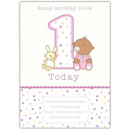 Personalised First Birthday Card for Girls with Bear and Bunny Design