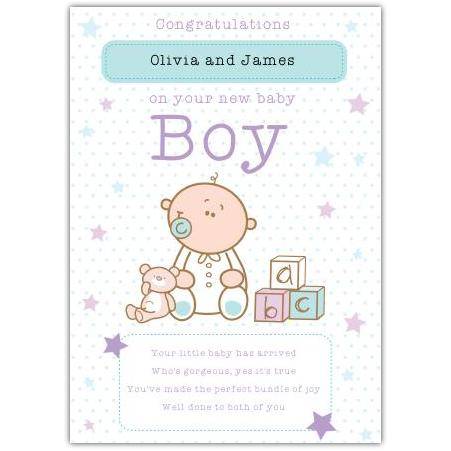 Personalised New Baby Boy Congratulations Card with Cute Baby and Blocks Design