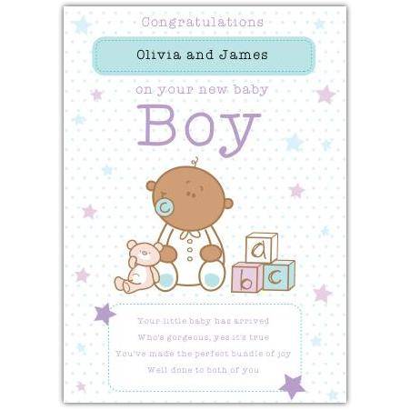 Personalised Congratulations New Baby Boy Card with Teddy and ABC Blocks Design