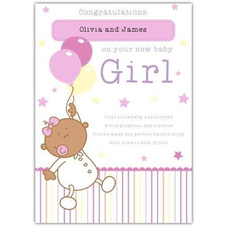 Personalised New Baby Girl Congratulations Card with Cute Baby and Balloons Design