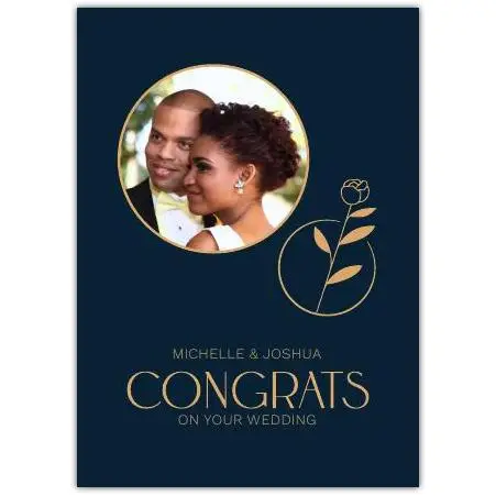 Personalised Navy and Gold Wedding Congratulations Card with Photo and Floral Design