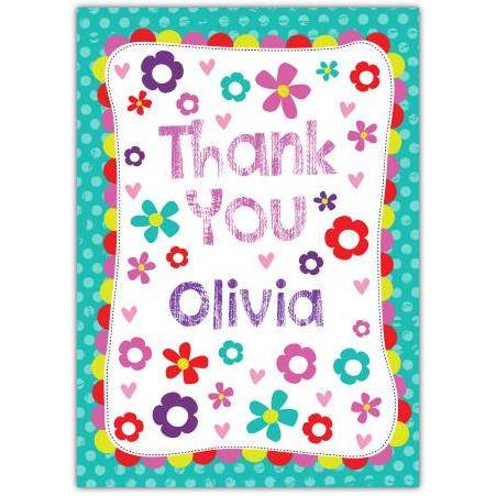 Personalised Thank You Card for Girls with Colourful Flowers and Glitter Effect