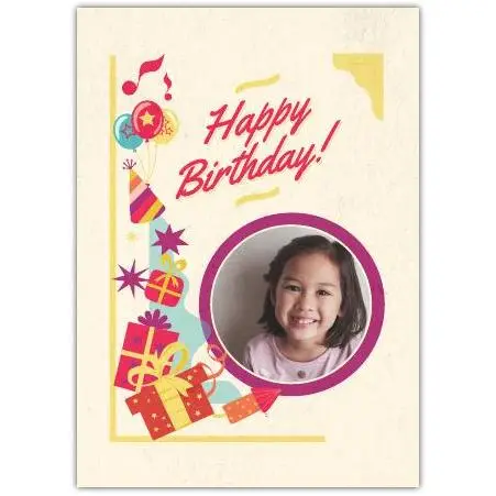 Personalised Happy Birthday Card with Photo and Colourful Party Gifts Design