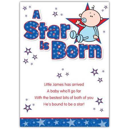New Baby Boy Star Is Born Greeting Card with Personalised Text Option