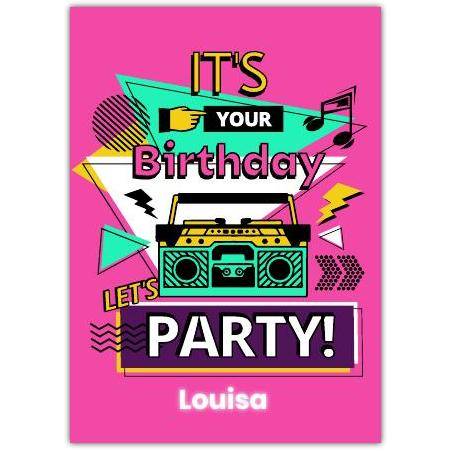 Retro Boombox Birthday Party Invitation Card with Personalised Name on Pink Background