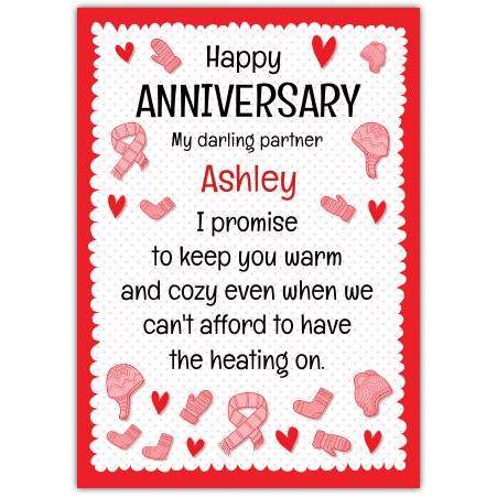 Personalised Happy Anniversary Card for Partner Warm Cozy Mittens and Hearts Design