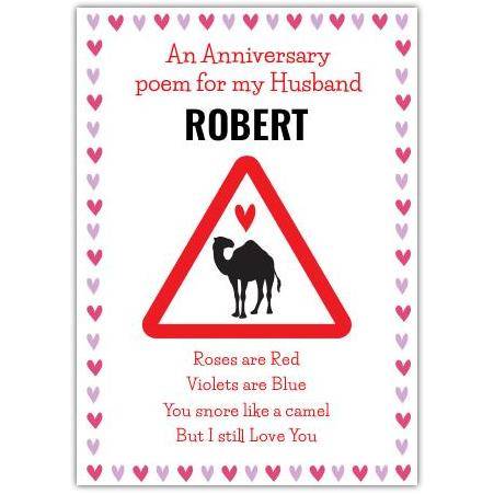 Personalised Anniversary Card for Husband Funny Snore Poem with Camel Design