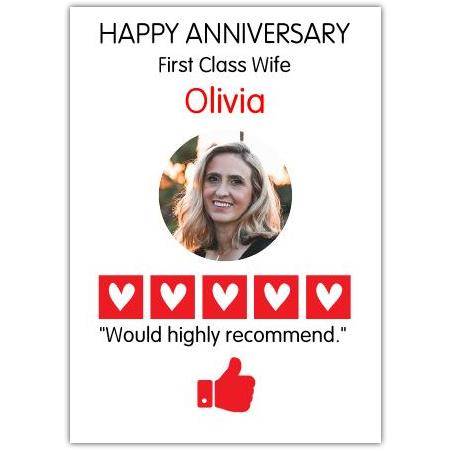 Personalised Happy Anniversary First Class Wife Photo Card with Hearts and Thumbs Up Design