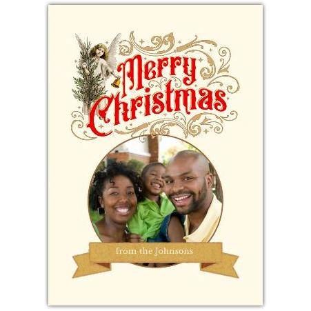 Personalised Merry Christmas Vintage Angel Family Photo Card with Custom Name Banner