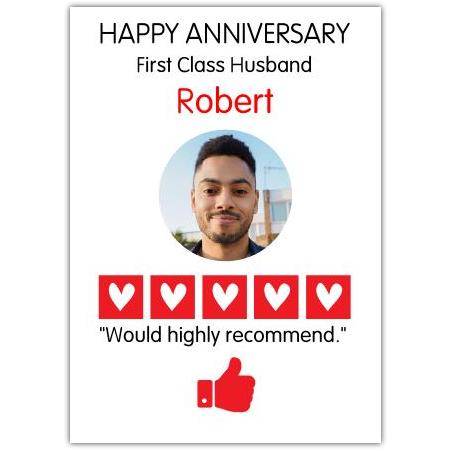 Personalised Happy Anniversary Card for Husband First Class Husband Photo and Name