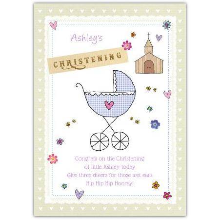 Personalised Christening Card with Baby Pram and Church Design for Newborn Celebration