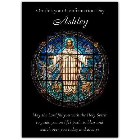 Personalised Confirmation Day Card with Stained Glass Jesus Design and Blessing Message