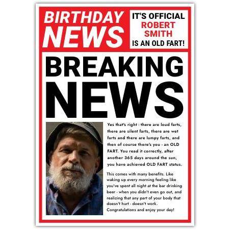 Personalised Humorous Old Fart Birthday Card with Breaking News Design