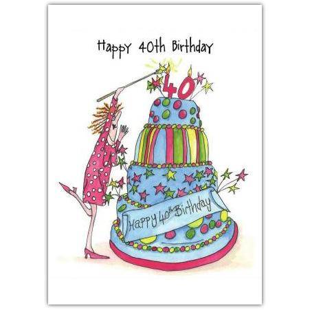 Happy 40th Birthday Colourful Tiered Cake and Woman Lighting Candles Card