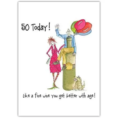 50th Birthday Card with Humorous Wine Bottle Design and Age Celebration Message