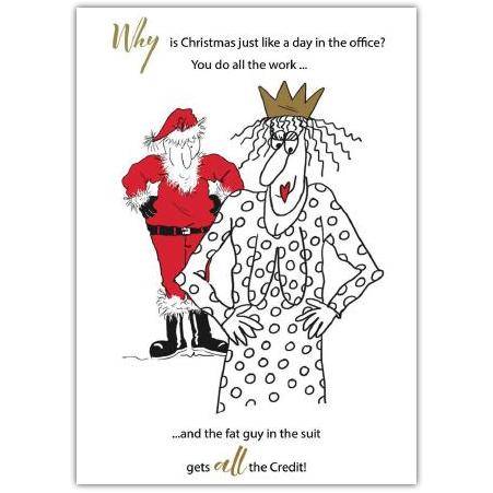 Humorous Christmas Card Office Work and Santa Suit Joke with Cartoon Characters