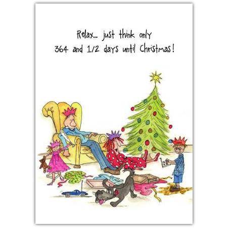 Humorous Christmas Countdown Family Relaxing by Tree Greeting Card