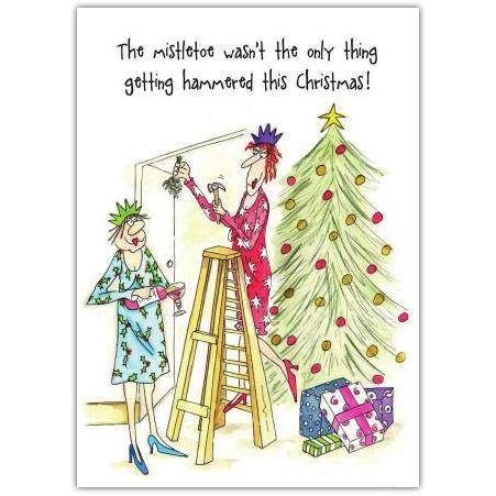 Funny Christmas Card with Women Drinking and Decorating Tree Humorous Holiday Cheers Design