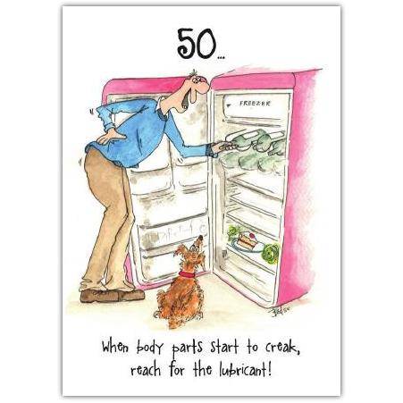 50th Birthday Humour Card with Man and Dog Reaching for Lubricant in Freezer