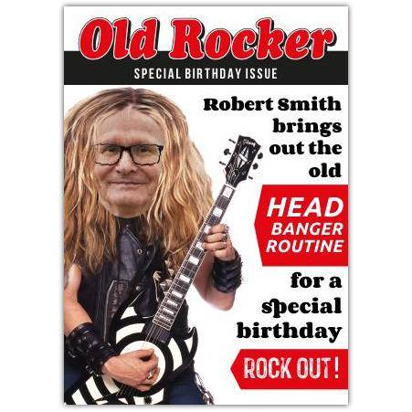 Old Rocker Humorous Personalised Special Birthday Card with Guitar and Head Banger Theme