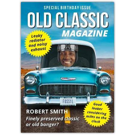 Vintage Classic Car Birthday Card with Humorous Magazine Cover Design