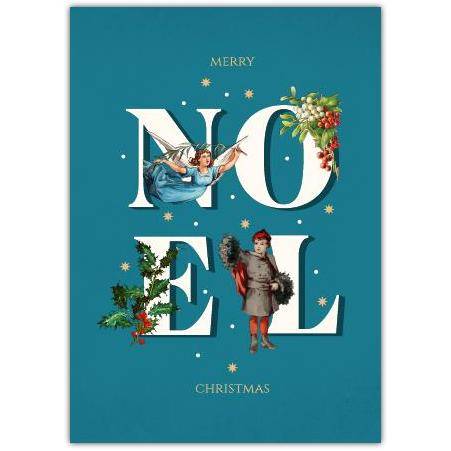 Vintage Style Merry Noel Christmas Card with Angel and Child Illustration on Teal Background