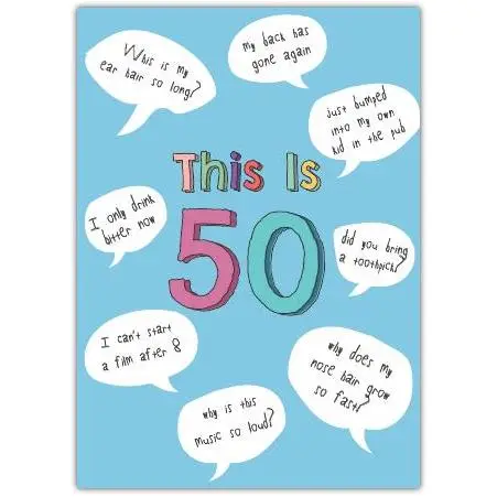 This Is 50 Humorous 50th Birthday Card with Funny Quotes on Blue Background