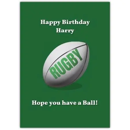 Personalised Rugby Birthday Card with Custom Name and Fun Ball Pun on Green Background