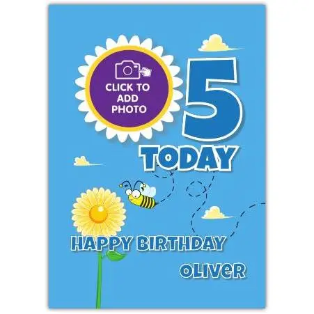 Personalised 5th Birthday Card for Boy with Bee and Flower Design Blue Background