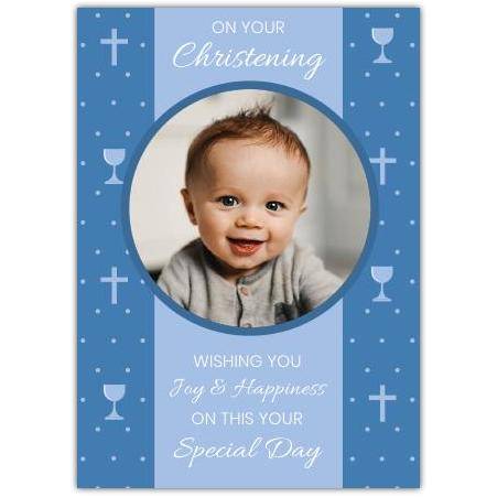 Personalised Christening Card for Boys with Photo and Religious Symbols on Blue Background