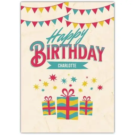 Personalised Happy Birthday Card with Colourful Presents and Bunting for Her or Him
