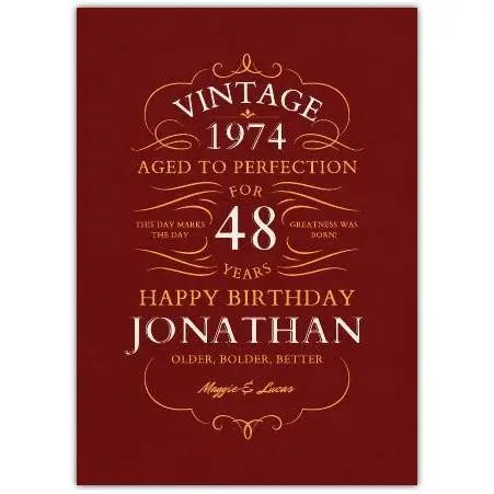 Personalised Vintage 1974 Birthday Card Aged 48 Years Custom Name Message