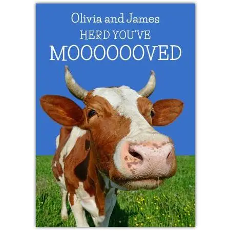 Personalised Humorous New Home Card with Friendly Cow and Herd Pun