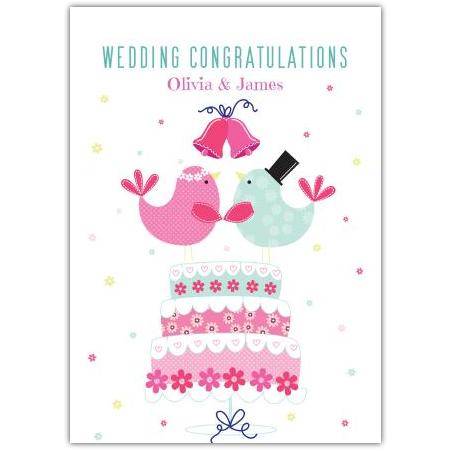 Personalised Wedding Congratulations Card with Cute Birds and Wedding Cake Design