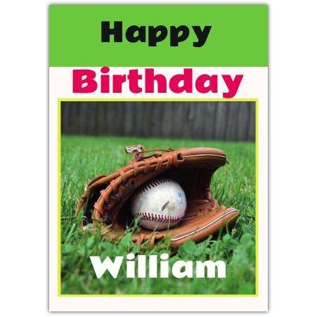 Personalised Baseball Glove and Ball Happy Birthday Card for William