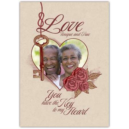 Personalised Love and Romance Card with Key and Heart Photo Frame for Anniversary or Valentine