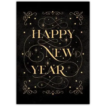 Elegant Happy New Year Greeting Card with Gold Foil and Decorative Swirls on Black Background