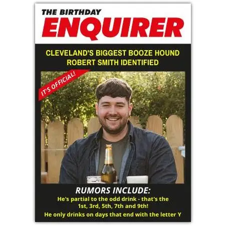 Personalised Humorous Birthday Card Cleveland Booze Hound Novelty Magazine Cover Design
