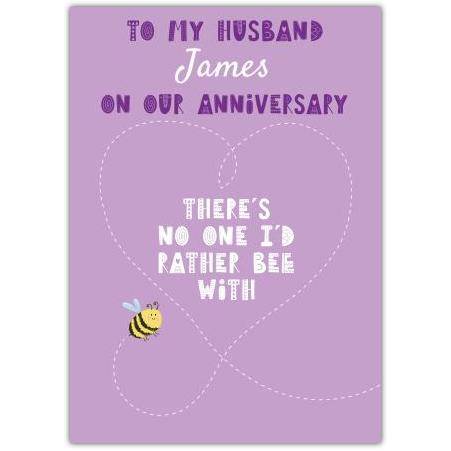 Personalised Purple Bee Themed Anniversary Card for Husband with Heart Design