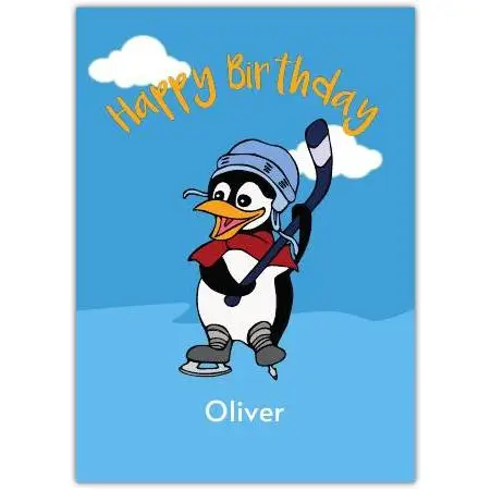 Personalised Kids Happy Birthday Card with Ice Hockey Penguin Design