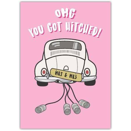 OMG You Got Hitched Wedding Congratulations Card with Classic Car and Tin Cans Design