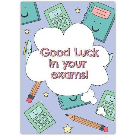 Good Luck in Your Exams Card with Cute Stationery Design for Students