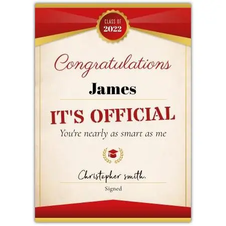 Personalised Graduation Congratulations Card Class of 2022 Humorous Official Certificate Design