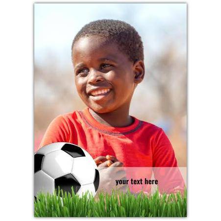 Personalised Kids Football Card with Smiling Boy in Red Shirt and Green Grass Background